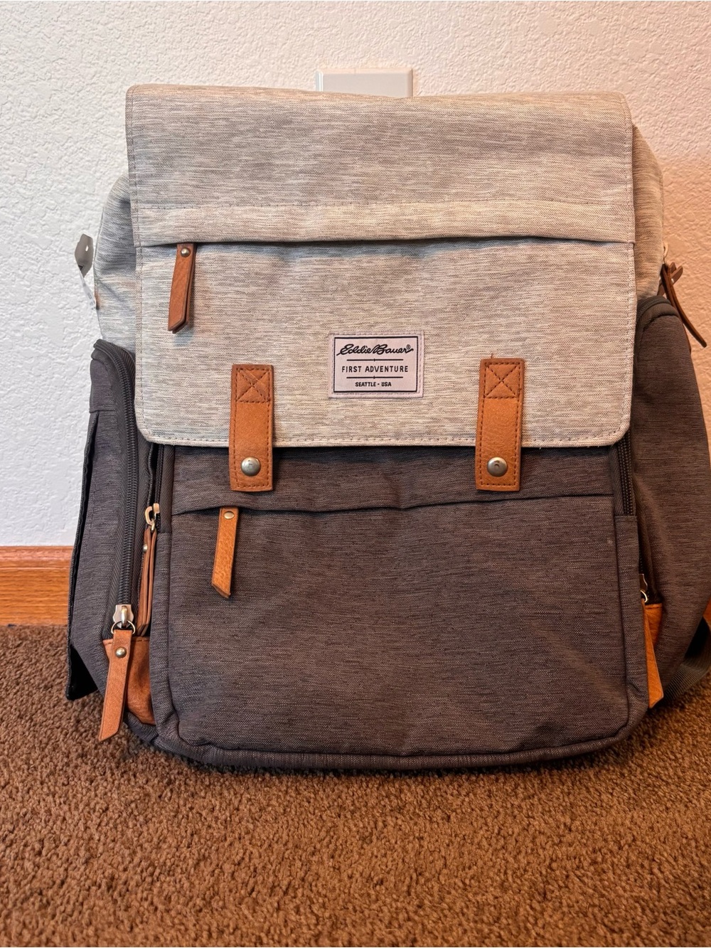 Eddie Bauer Cascade Backpack Diaperbag in gray and white with tan trim